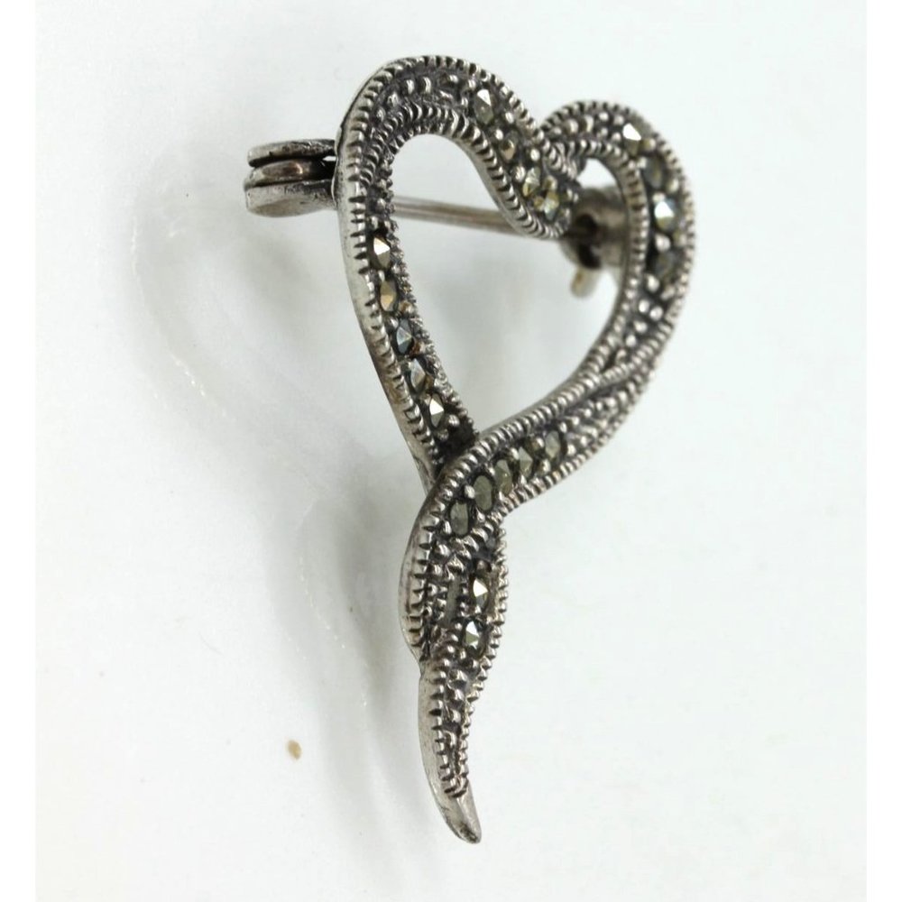 925 STERLING vintage open love HEART marcasite BROOCH/pin 3.6 gr signed MO 925
